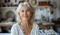 Elegant mature woman with silver hair and natural makeup smiling warmly in cozy kitchen setting, wearing white lace top and pearl necklace, radiating confidence and joy.