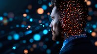 Professional businessman with digital particle overlay representing artificial intelligence and data processing technology in modern corporate environment.