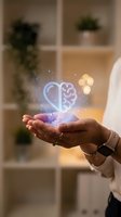Hand holding glowing heart-brain hologram symbol representing mental health awareness, emotional intelligence and psychological wellbeing in modern office.