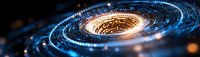 Glowing spiral vortex with blue light trails and golden center on dark background creates futuristic cosmic portal effect, suitable for technology concepts.