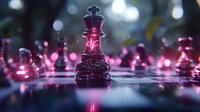 Glass chess king piece glowing with pink and purple neon lights on reflective board with bokeh background for strategic gaming concepts.