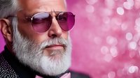 Stylish senior Caucasian male model with white beard and aviator sunglasses against pink bokeh background. Fashion portrait showing confidence and modern mature lifestyle.