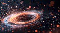 Glowing spiral galaxy with orange and blue light effects against dark space background, surrounded by luminous particles and cosmic dust.