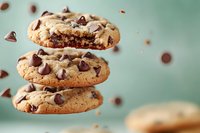 Stack of three chocolate chip cookies with bite taken from top cookie showing gooey center, floating chocolate chips around on mint background.
