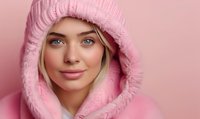 Young Caucasian woman with blue eyes and natural makeup wearing pink winter hat and cozy hoodie against pink background, expressing warmth and contentment in soft lighting.