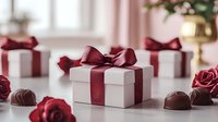 White gift boxes with burgundy satin ribbons and bows arranged with dark chocolate truffles and red roses on light surface, romantic holiday celebration setup.
