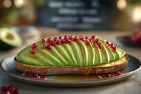 Sliced avocado toast garnished with pomegranate seeds on rustic ceramic plate, soft bokeh background creates cozy breakfast atmosphere. Fresh healthy food styling.