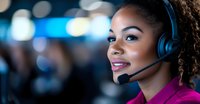 Young African American female customer service representative wearing headset smiles while working in call center, with blue bokeh background lighting.
