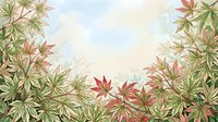 Colorful autumn foliage with red and green maple leaves framing a soft sky background. Suitable for seasonal designs, nature themes, and fall-inspired projects.