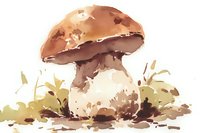 Brown forest mushroom with thick stem and cap growing in grass, painted in soft watercolor style on white background, artistic botanical illustration.