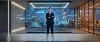 Professional businessman in dark suit standing confidently in modern office with holographic financial data displays and charts for corporate presentations.