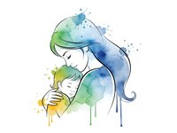 Watercolor mother holding baby in tender embrace with flowing hair and colorful paint splashes on white background for motherhood designs.