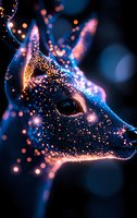 Mystical deer profile with glowing sparkles and bokeh effects in blue and orange colors against dark background, creating magical forest atmosphere.