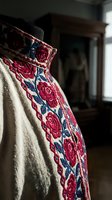 Traditional embroidered folk shirt with red rose floral pattern on linen fabric displayed on mannequin in vintage interior setting.