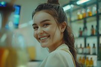 Young female bartender with bright smile and ponytail in white uniform working at bar counter with blurred bottles background, warm evening atmosphere.