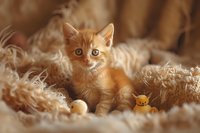 Adorable ginger kitten sitting on fluffy white blanket with small yellow rubber duck toy, creating cozy and warm atmosphere for pet photography and greeting cards.