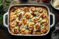 Creamy penne pasta bake with grilled shrimp, melted cheese, and fresh herbs in white ceramic baking dish on rustic wooden table with garnish.