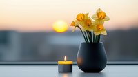 Yellow daffodils in black ceramic vase with burning candle on windowsill against sunset sky background, creating peaceful atmospheric mood.