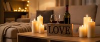 Romantic candlelit living room with wine glasses, red wine bottle, and a wooden love sign on a table, warm cozy atmosphere for Valentine's Day.