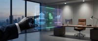 Businessman in dark suit and gloves interacting with holographic interface displaying financial and technology icons in modern office with city skyline view.