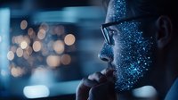 Thoughtful Asian businessman with glowing digital particles overlay on face against blurred city lights background in modern office at night.