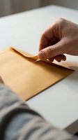 Close-up of a person's hand opening a kraft paper envelope on a white surface. Useful for business, mail, correspondence, and communication concepts.