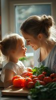 Tender moment between mother and daughter in warm kitchen light with fresh tomatoes and herbs, sharing joy of healthy cooking together.