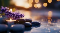Tranquil spa composition with burning candle, black massage stones and purple lavender flower against blurred golden bokeh lights and water drops.