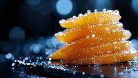 Fresh orange citrus slices stacked with sparkling sugar crystals against dark background with bokeh lights, macro food photography for culinary and dessert concepts.