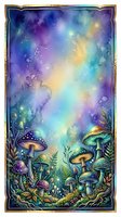 Enchanted forest floor with glowing mushrooms and bioluminescent plants beneath a cosmic sky filled with purple, blue, and golden light, perfect for fantasy artwork and mystical designs.