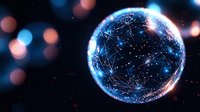 Glowing sphere with connected dots and lines forming network pattern against dark background with bokeh lights, representing global connectivity and technology.