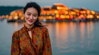 Young Asian woman in colorful floral dress smiling at waterfront during golden hour with illuminated pier and bokeh lights reflecting on calm water.
