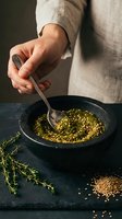Chef mixing herbs and spices in black bowl with spoon on dark slate board. Culinary preparation with fresh thyme for cooking and seasoning dishes.