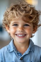 Cheerful young child with curly blonde hair and bright blue eyes wearing denim shirt smiles genuinely at camera, showing white teeth. Natural lighting creates soft portrait.