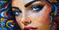 Mosaic artwork depicting close-up of woman's face with striking blue eyes, red lips, and decorative swirling patterns in blue and gold tones. Artistic interpretation.