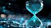 Digital hourglass with glowing blue particles flowing through glass on dark background with bokeh lights, representing time and technology concept.