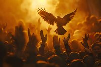Majestic dove silhouette soaring above raised hands at concert or worship gathering, dramatic golden light and smoke create spiritual atmosphere perfect for religious or event designs.