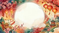 Lunar new year celebration frame with lanterns, blossoms, and traditional Asian architecture on isolated white background, suitable for greeting cards and festive designs.