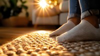 Cozy feet in white socks on textured carpet illuminated by warm sunlight through window, creating peaceful morning atmosphere at home. Perfect for lifestyle blogs.