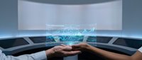 Businessman hands presenting holographic digital data visualization in modern futuristic office environment for technology presentations and analytics.