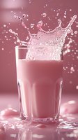 Dynamic splash of pink strawberry milk in tall glass creating crown-shaped liquid splash with droplets against pink background. Refreshing dairy beverage moment.