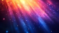Magical light rays pierce through cosmic dust and stars creating dramatic celestial atmosphere in orange, pink and deep blue colors with glowing particles.