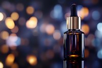 Glass dropper bottle with amber serum against blurred golden bokeh background, reflecting luxury skincare and cosmetic product photography styling.