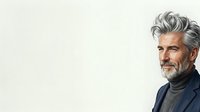 Mature man with gray hair and beard, wearing dark blazer and turtleneck, smiling against white background. Suitable for business, corporate, lifestyle, and professional website design projects.