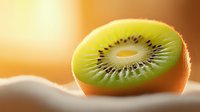 Fresh kiwi fruit slice with vibrant green flesh and black seeds on white surface with warm golden background lighting for healthy eating concepts.