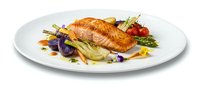 Grilled salmon fillet with colorful vegetables and herbs on white plate, gourmet restaurant dish presentation for fine dining menu and culinary photography.