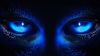Glowing blue eyes with luminous particles and digital pattern effect emerging from darkness create mysterious and supernatural atmosphere. Suitable for fantasy designs.
