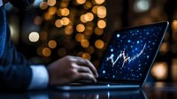 Professional trader analyzing financial market data on laptop with glowing chart display against blurred bokeh lights, capturing modern investment atmosphere.