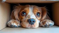 Adorable brown and white puppy with blue eyes hiding inside cardboard box, cute dog portrait with expressive face and fluffy fur for pet adoption campaigns.