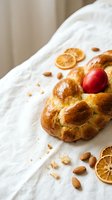 Traditional braided Easter bread with red egg nestled in golden dough, surrounded by almonds and dried orange slices on white linen for holiday baking.